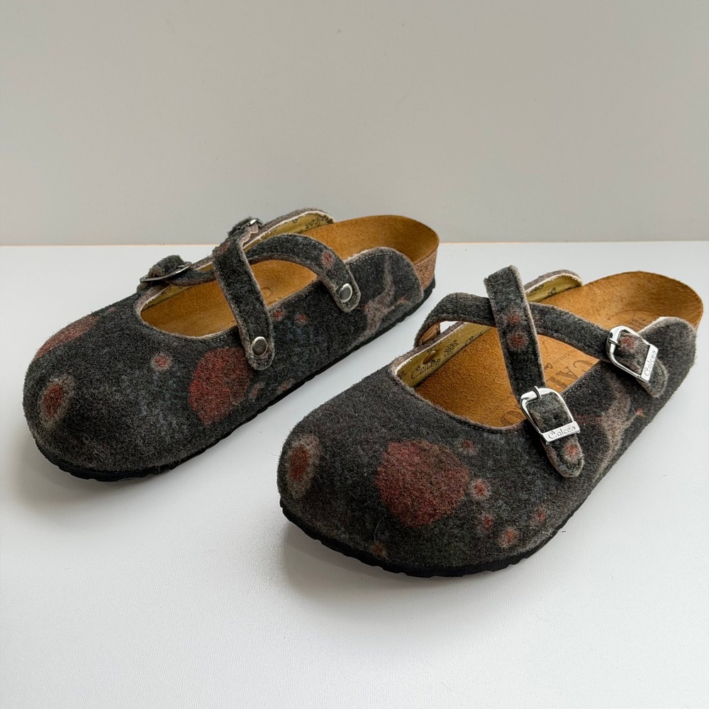 Calceo Floral Felt Clog Mules Women 41 Gray Mary Jane Buckle Strap Cork Footbed